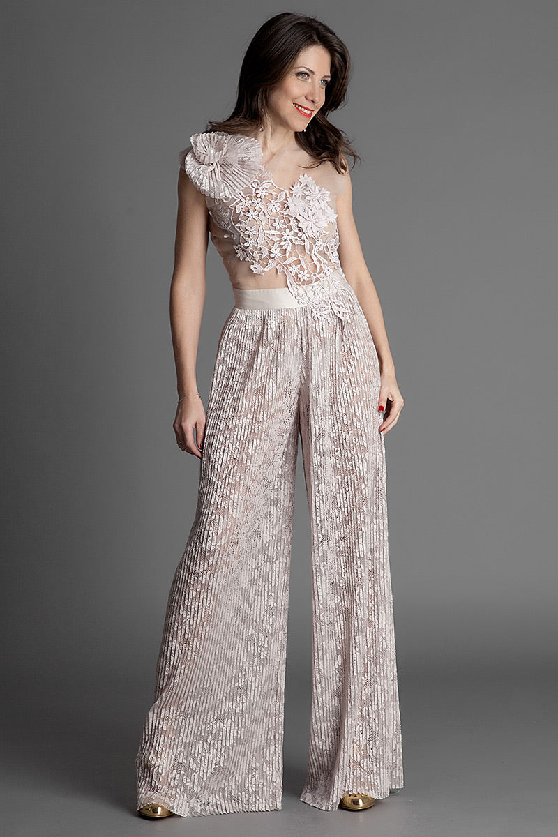 Salopeta eleganta de ocazie, asimetrica cu broderie si pliseu S2H17