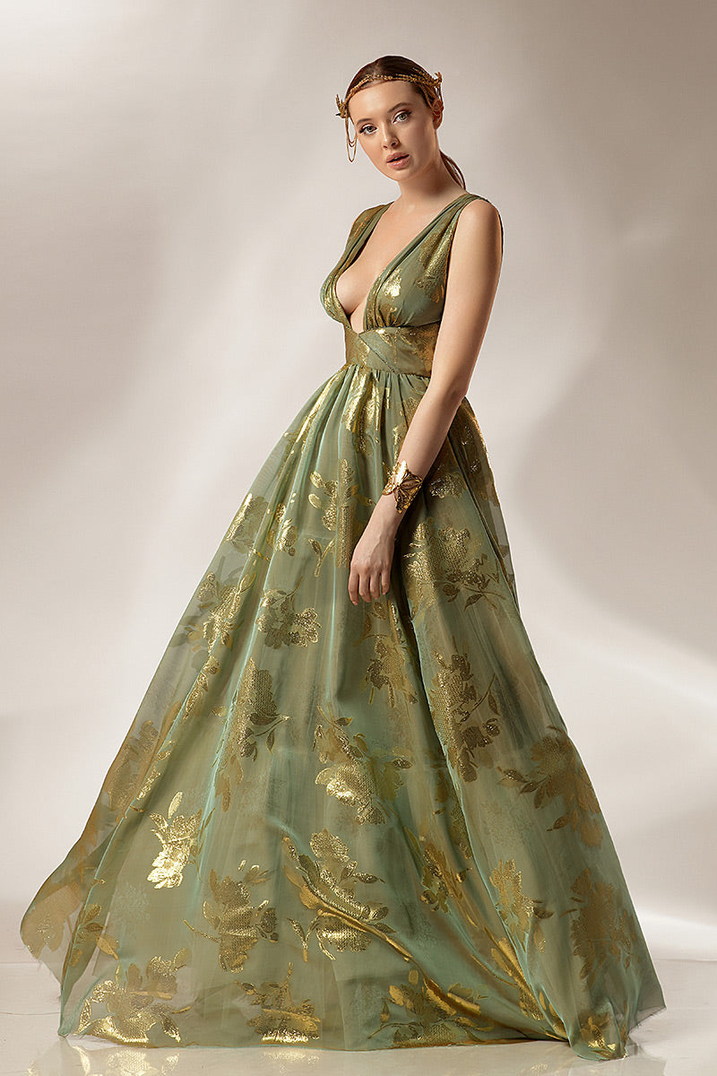 Rochie de seara deosebita,lunga din matase naturala si lurex R19S23 Smarald