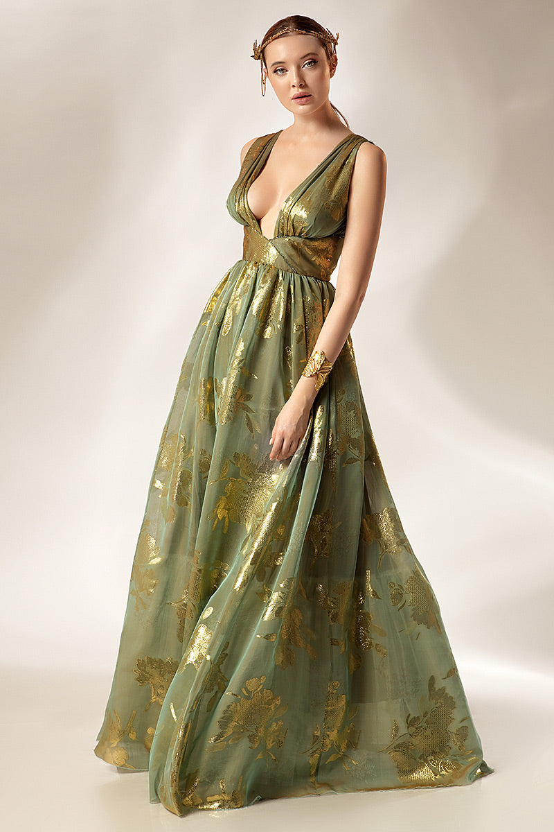 Rochie de seara deosebita,lunga din matase naturala si lurex R19S23 Smarald