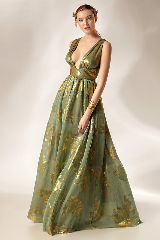 Rochie de seara deosebita,lunga din matase naturala si lurex R19S23 Smarald