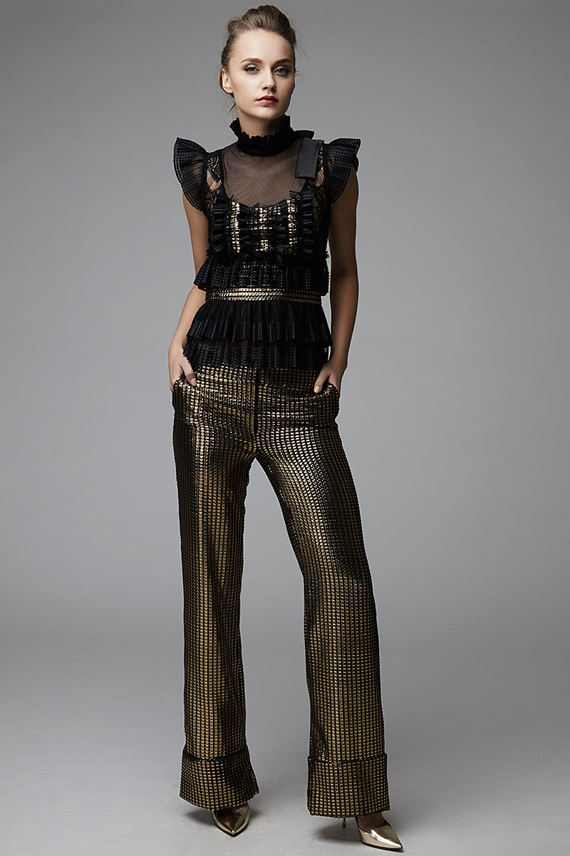 Bluza eleganta neagra de eveniment din dantela si auriu Ava