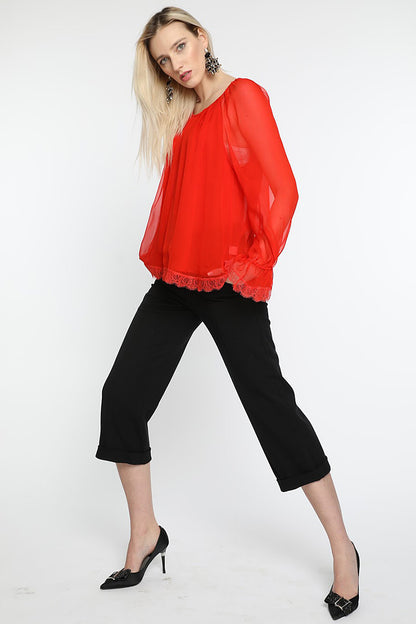 Bluza din matase naturala rosie, cu maneci lungi, Beauty