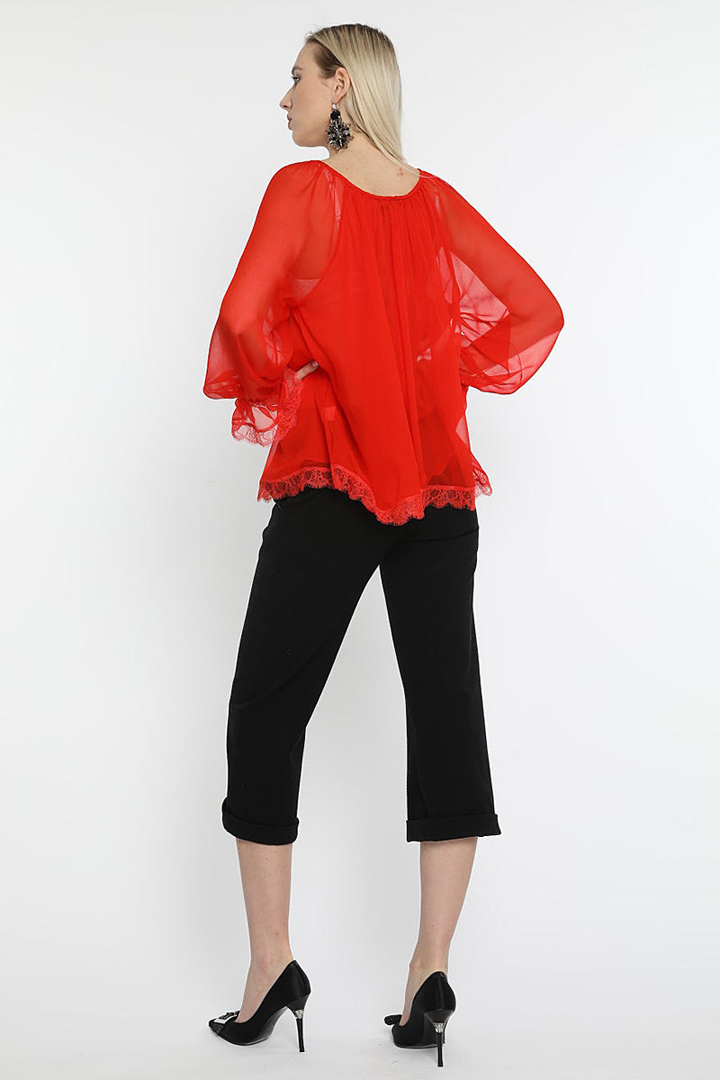 Bluza din matase naturala rosie, cu maneci lungi, Beauty