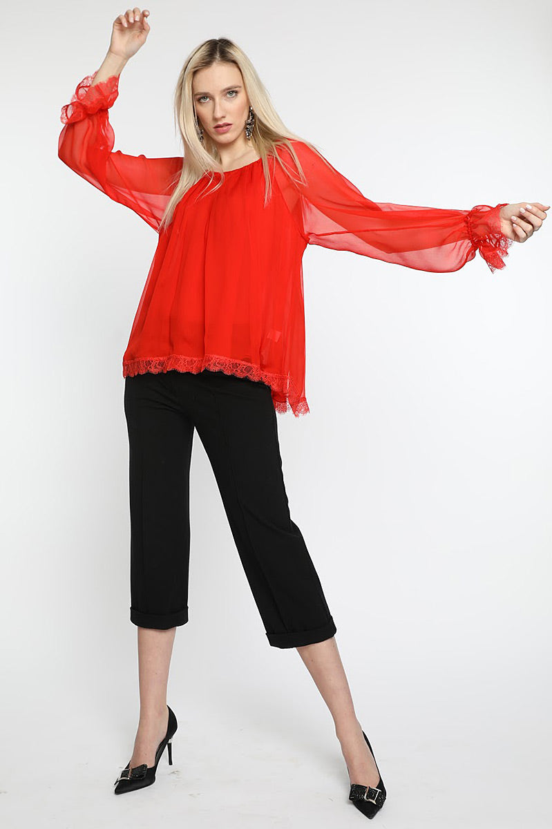 Bluza din matase naturala rosie, cu maneci lungi, Beauty