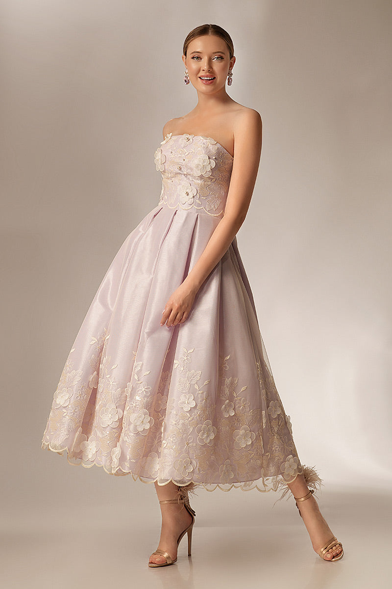 Rochie eleganta midi cu corset si dantela cu flori. Lilly