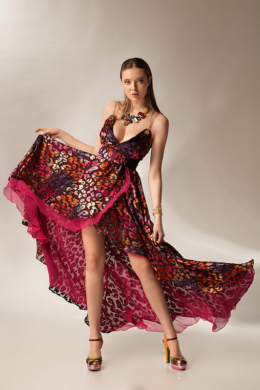 R1S23 rochie asimetrica muticolora de seara Turmaline