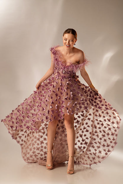 Rochie de seara asimetrica cu corset si pene R18S23 Granate