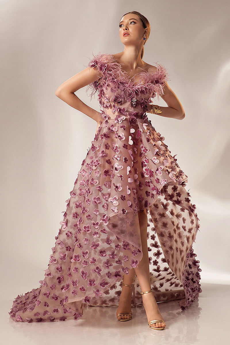 Rochie de seara asimetrica cu corset si pene R18S23 Granate